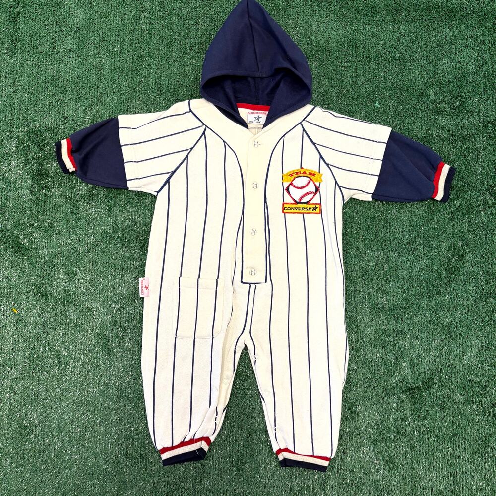 Vintage 90s Converse Hooded Jumpsuit Boys 18 Months Cream Navy Striped Baseball